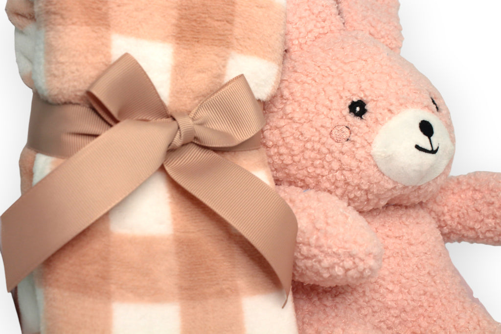 Presente manta e peluche coelho rosa